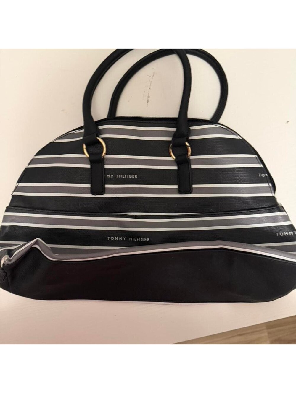 Tommy Hilfiger Black and White Striped Satchel Handbag